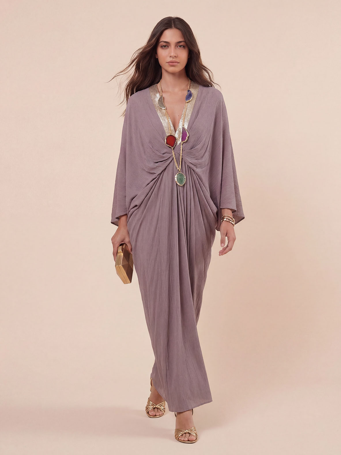 Casual V-Neck Twist Waist Batwing Sleeve Kaftan Maxi Dress
