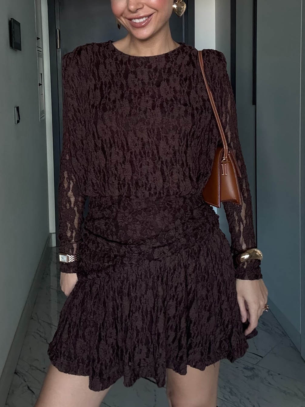 Elegant Long-sleeved Lace-textured Mini Dress