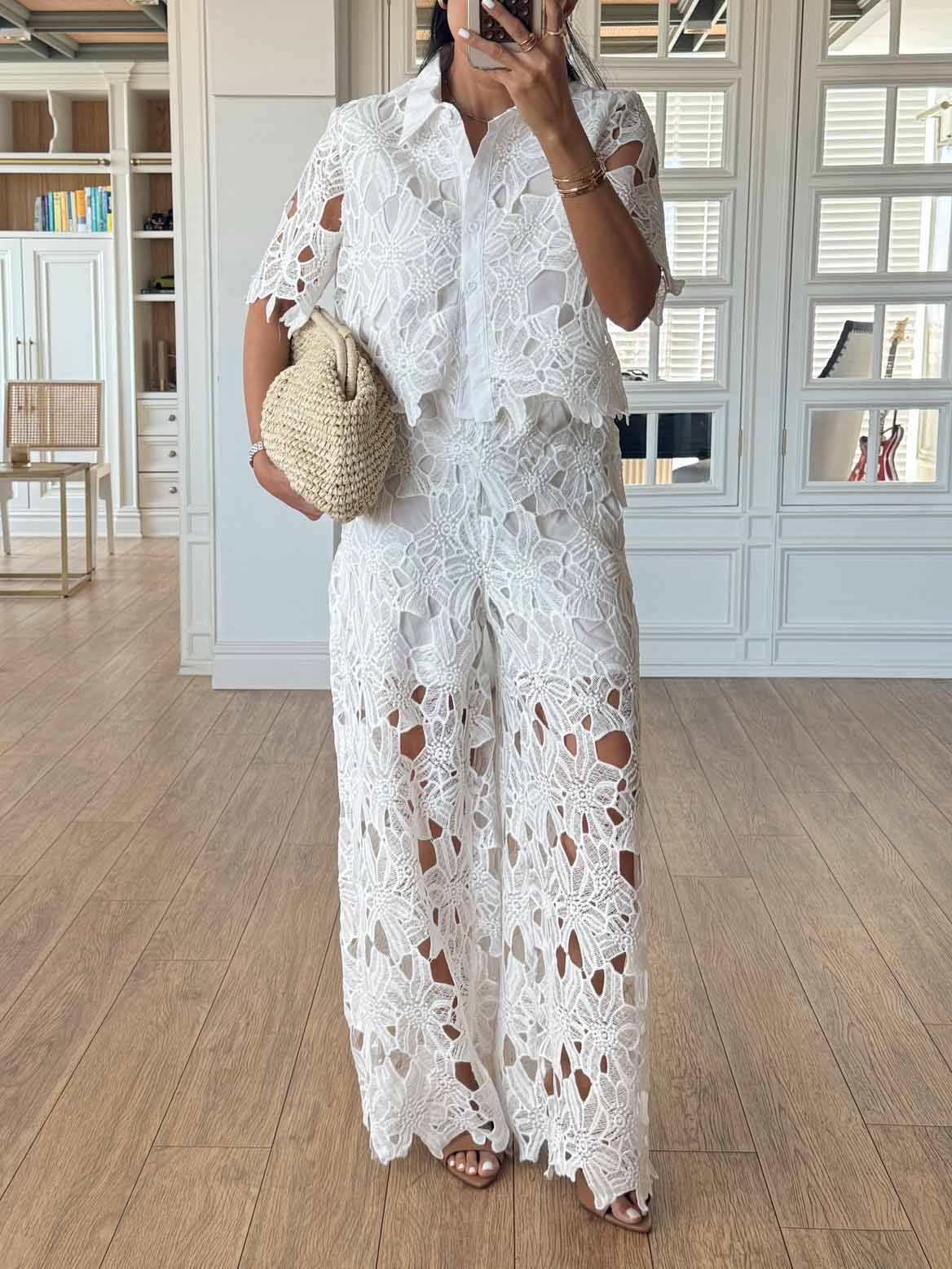 Casual Cutout Lace Wide-Leg Pants