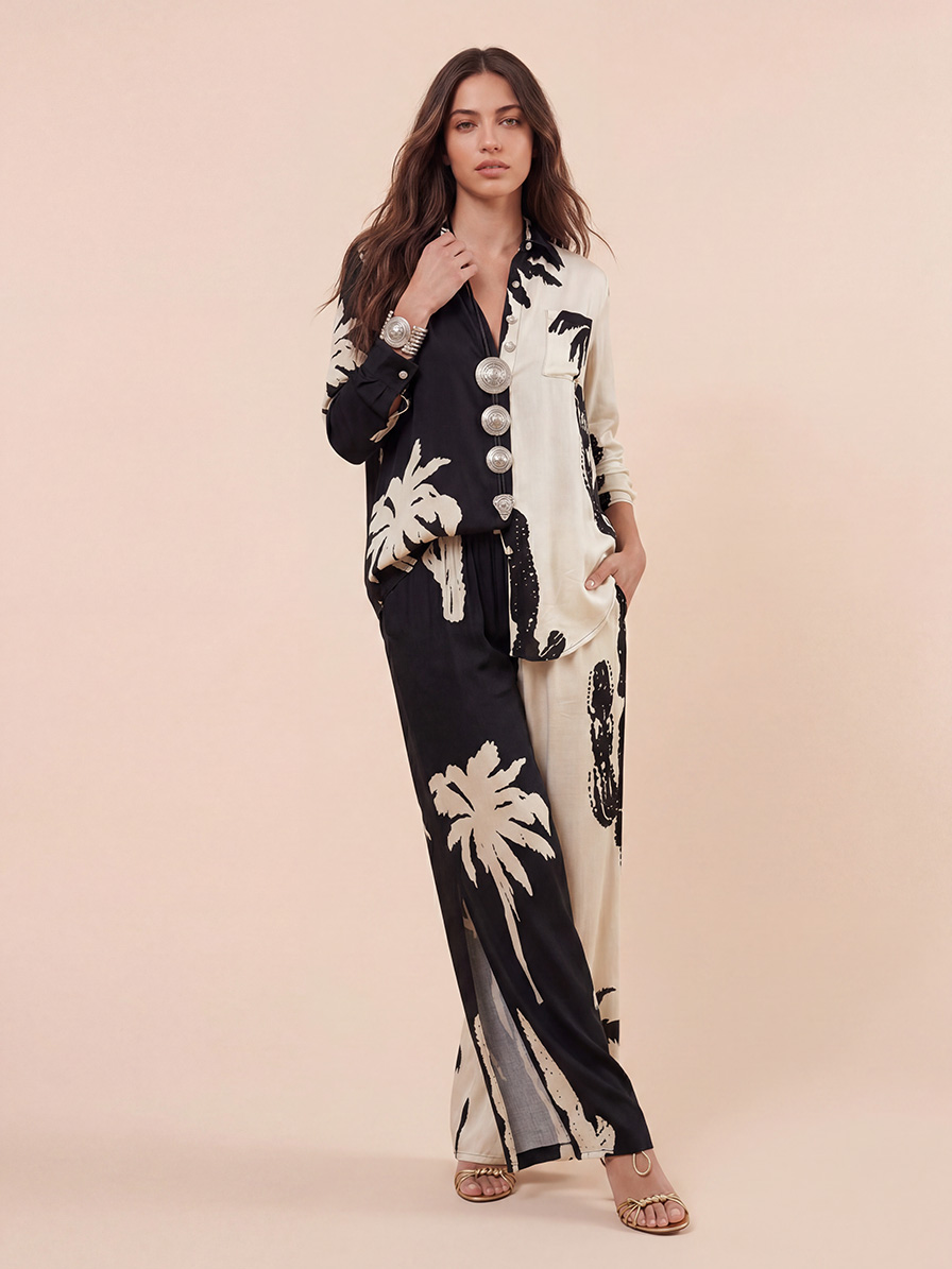 Bohemian Palm Print Colorblock Shirt Two-Piece Set