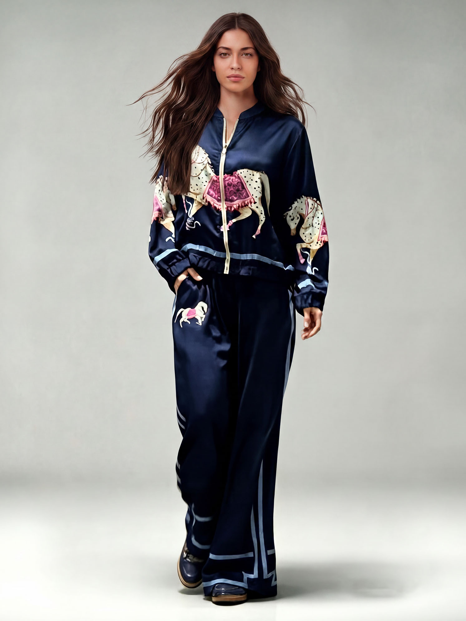 Exquisite Satin Horse Print Zip-Up Shirt