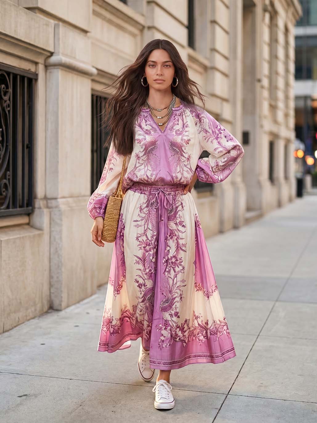 Elegant Retro Ethnic Print Two-Piece Dress