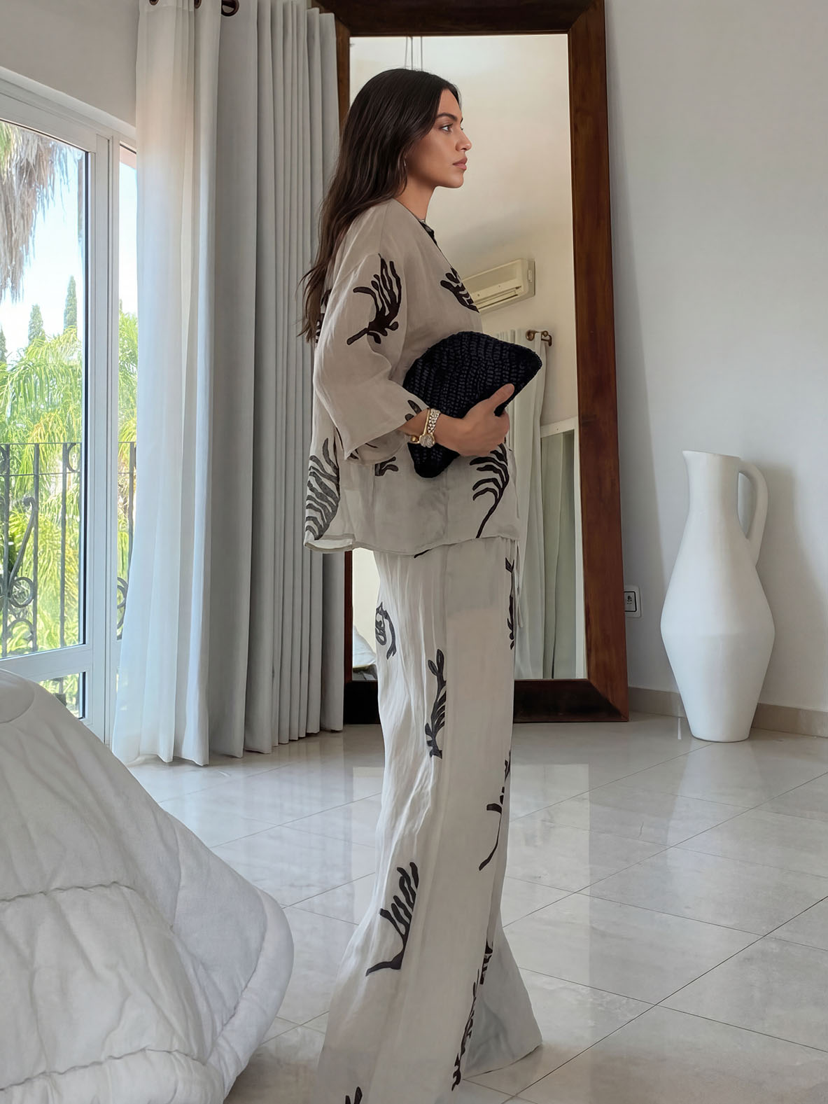 Exquisite Tropical Leaf Print Shirt & Pants Two-Piece Set