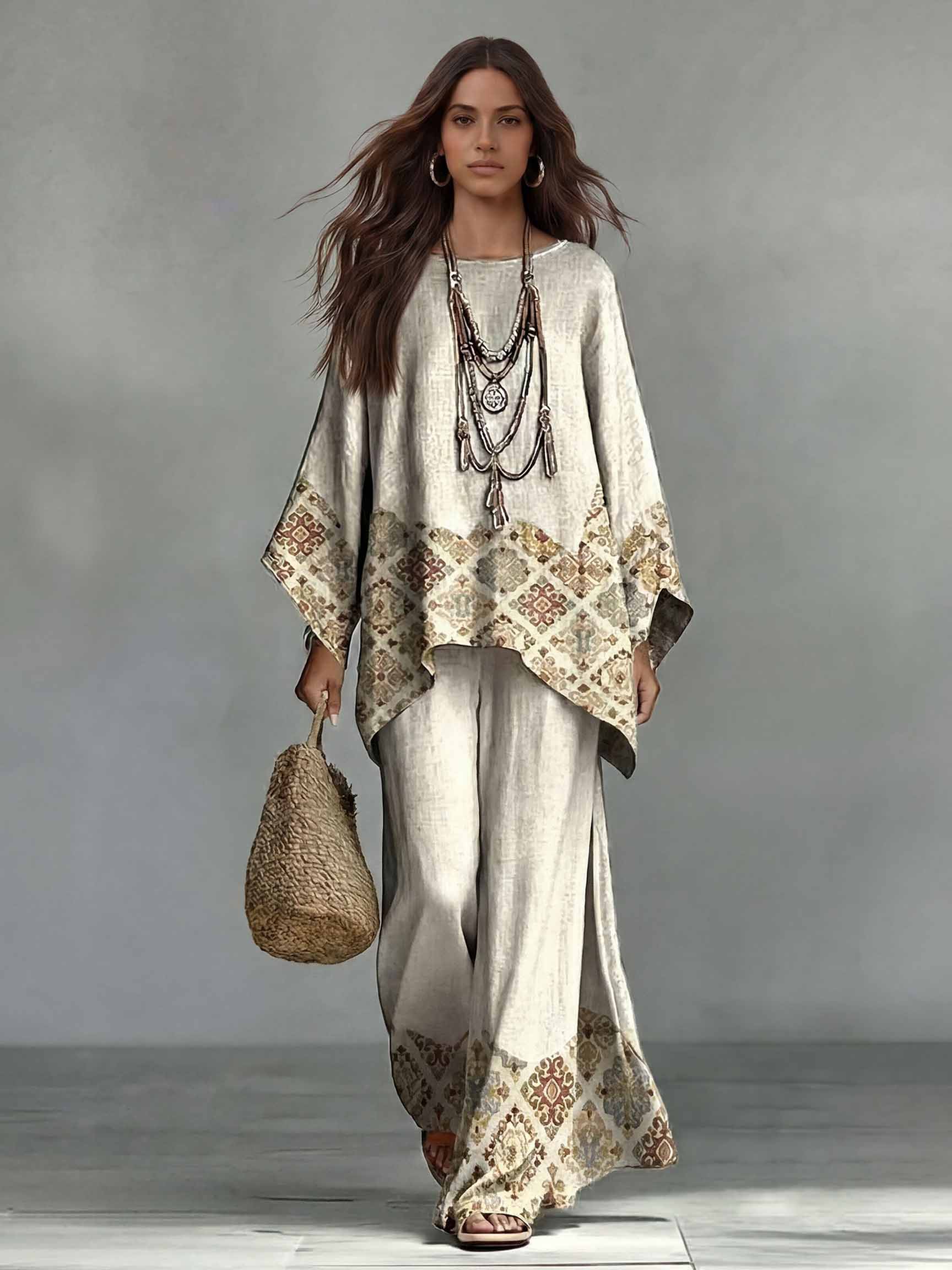 Retro Ethnic Print Loose Batwing Sleeve Irregular Hem Shirt Two-Piece Set