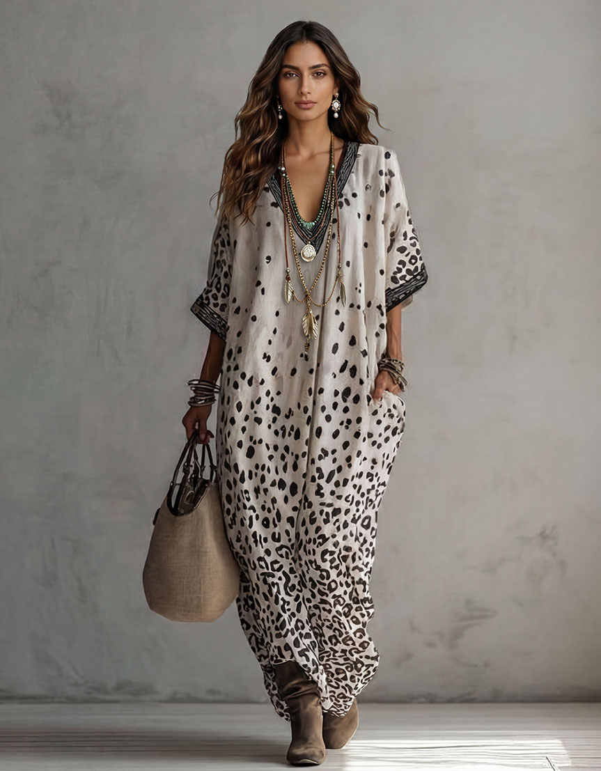 Bohemian Leopard Print V-Neck Batwing Sleeve Maxi Dress