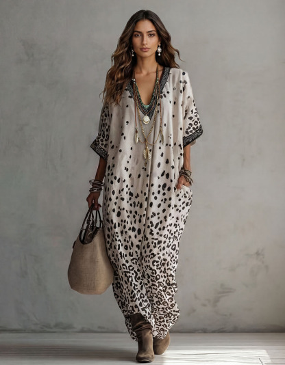 Bohemian Leopard Print V-Neck Batwing Sleeve Maxi Dress