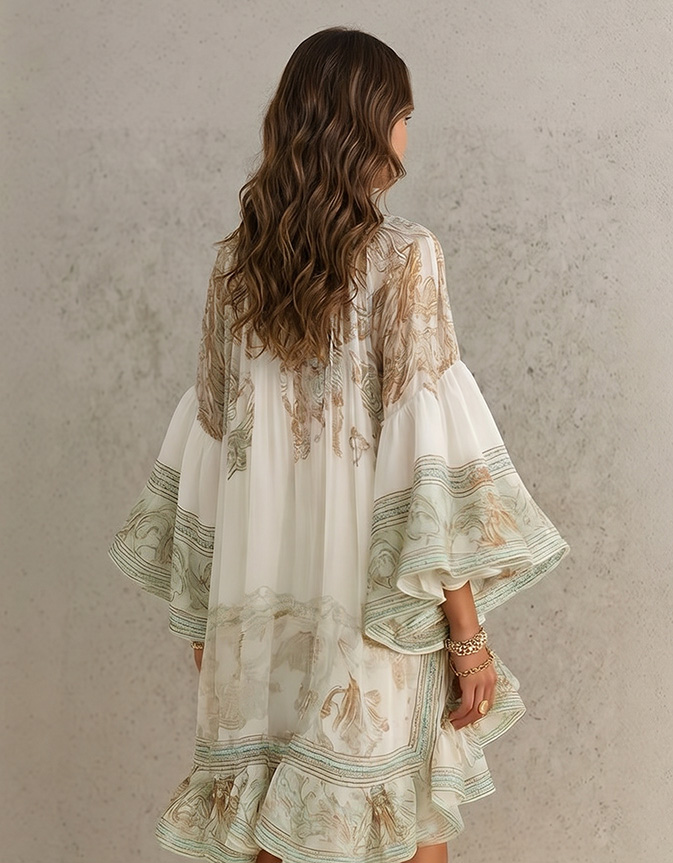 Elegant Vintage Print Ruffle Flare Sleeve Mini Dress
