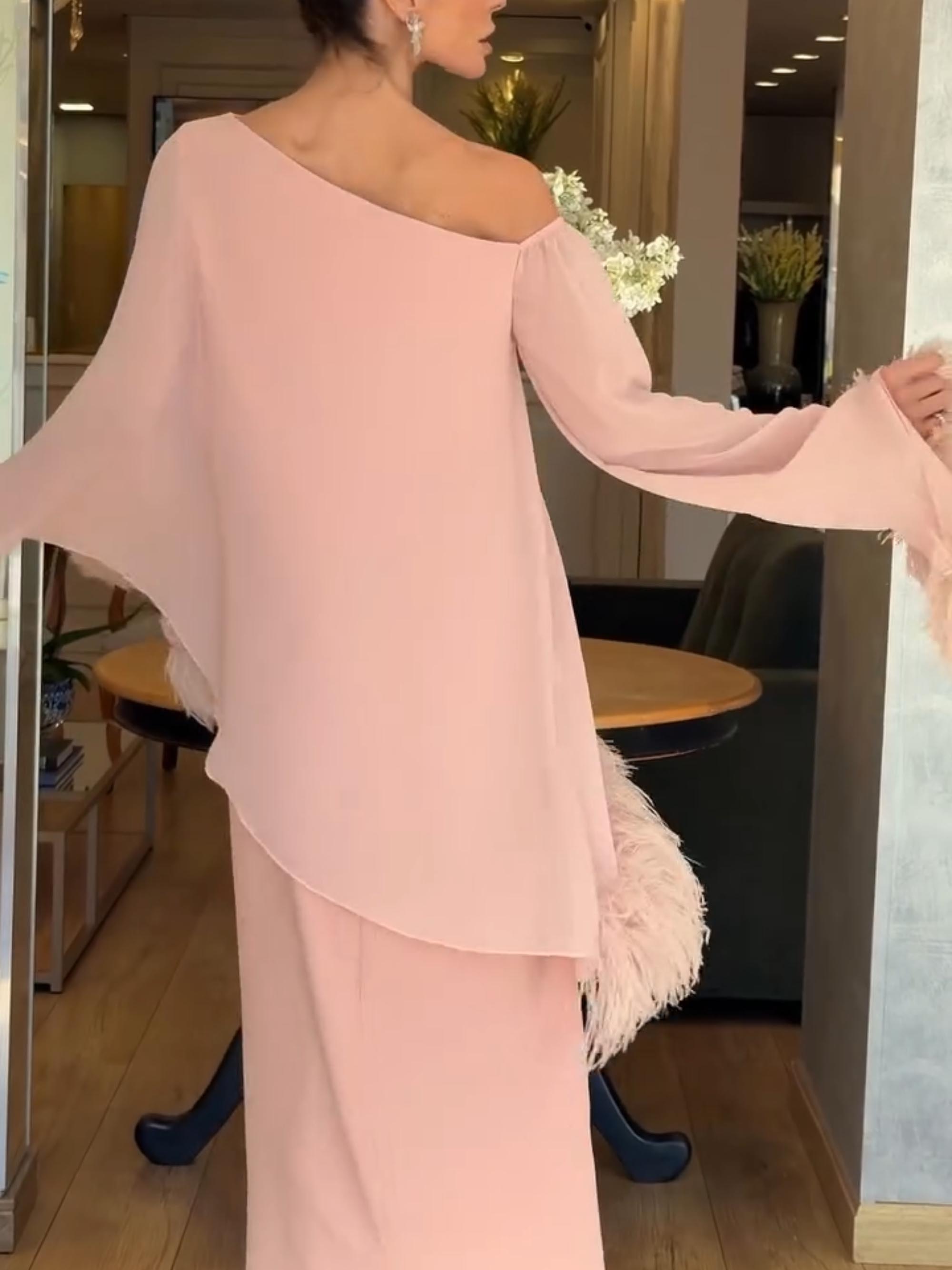 Elegant Feather Trim Draped Chiffon Maxi Dress