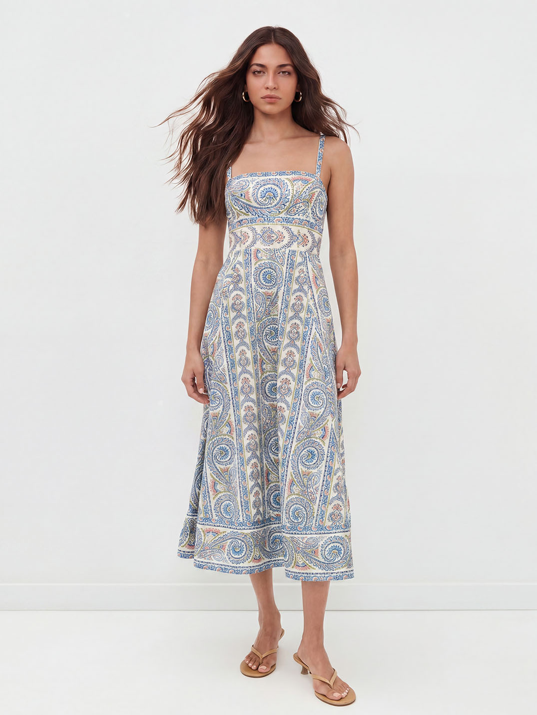 Bohemian Paisley Print Square Neck Midi Dress