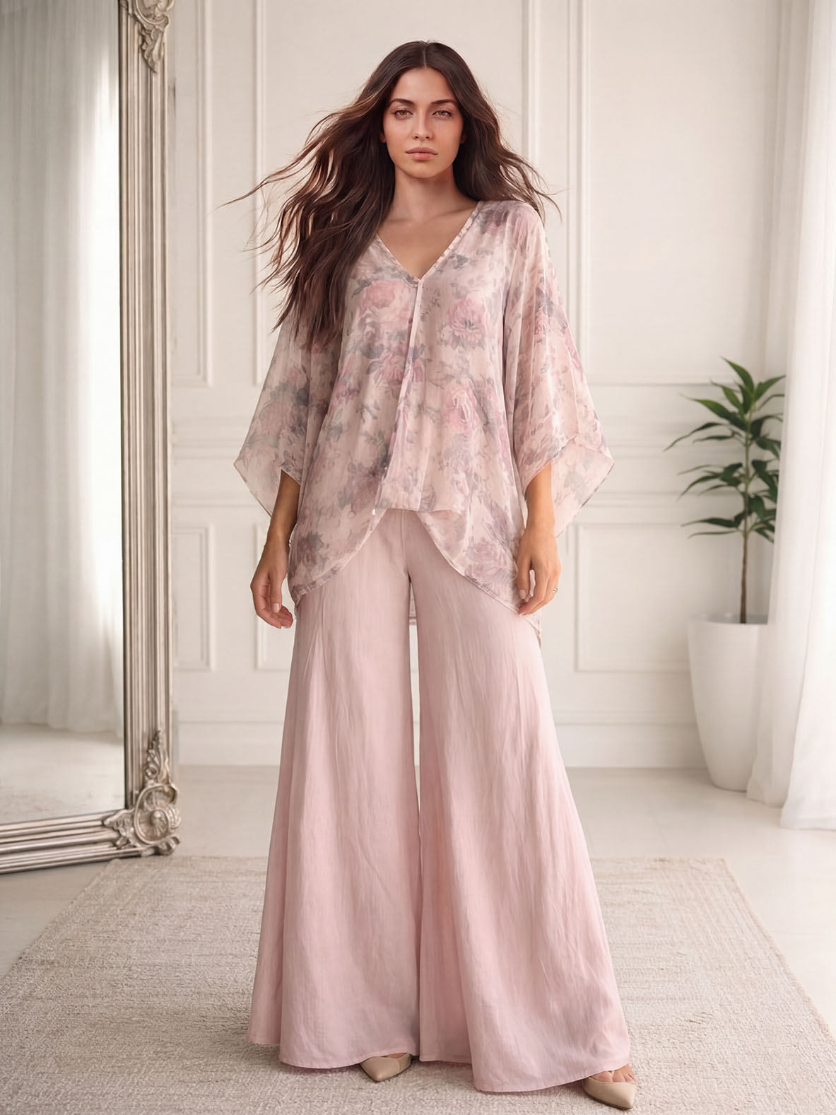 Casual Floral Print Flowing Top & Wide-Leg Pants Set
