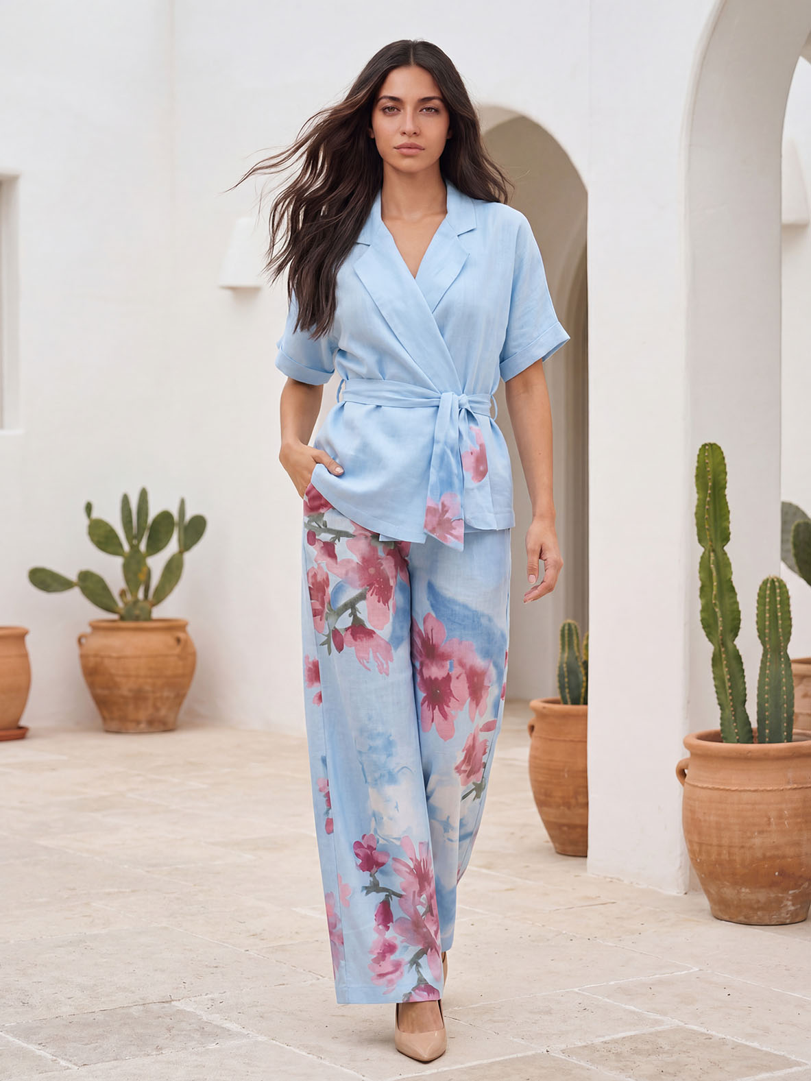 Casual Wrap Top & Floral Print Wide-Leg Pants Two-Piece Set