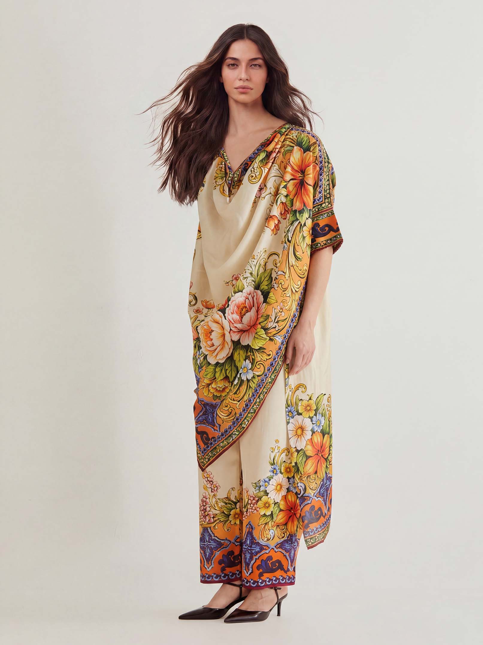 Bohemian Floral Print Draped Top & Wide-Leg Pants Set