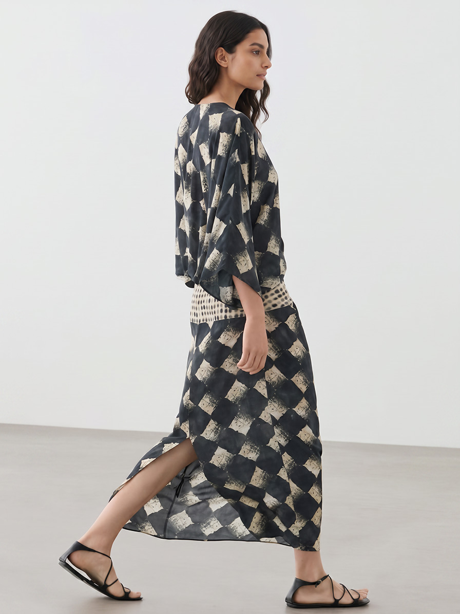 Casual Abstract Plaid Print Kimono Sleeve Maxi Dress