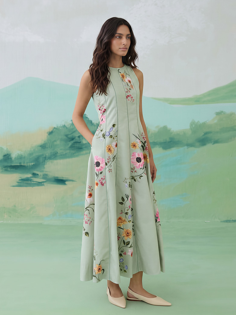 Elegant Floral Embroidered Sleeveless Maxi Dress