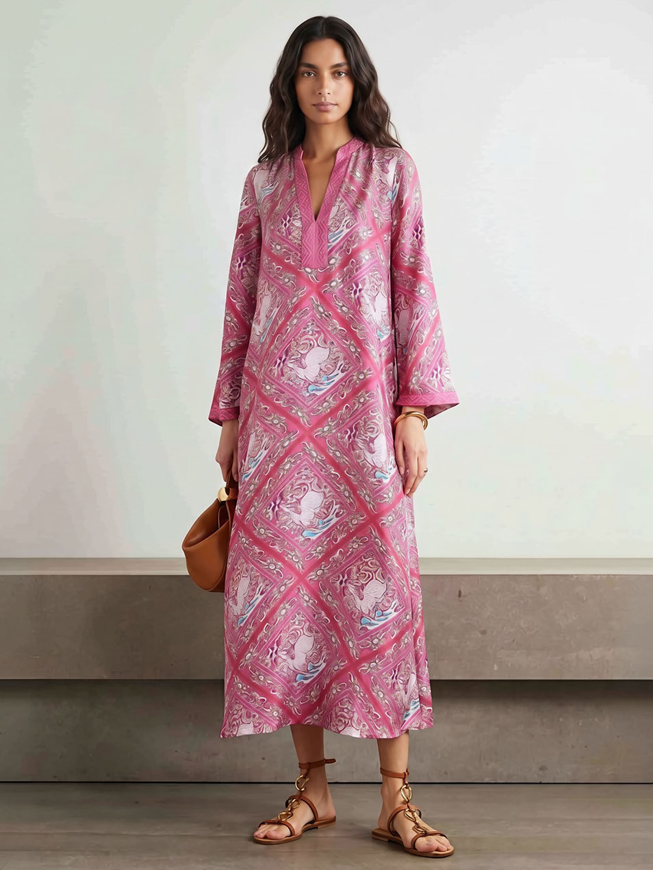 Unique Paisley Print Satin V-Neck Midi Dress