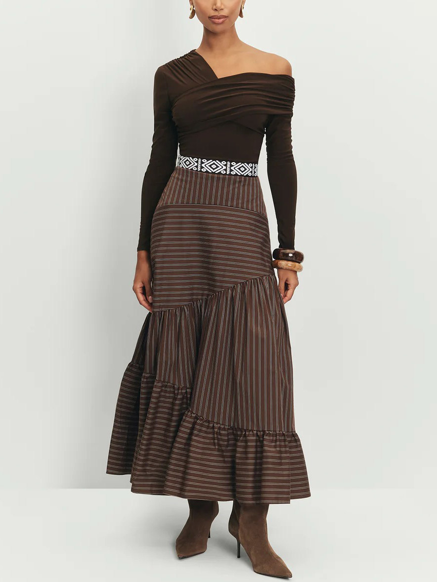 Retro Irregular Cut Striped High Waist Midi Skirt