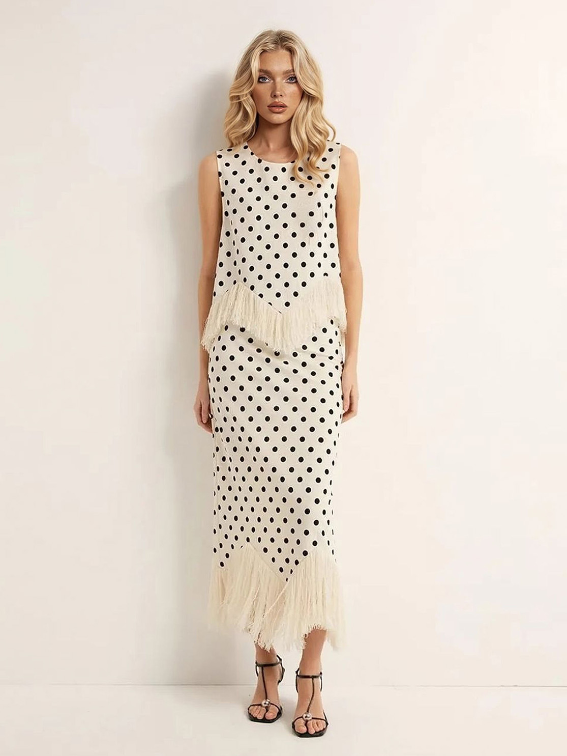 Elegant Polka Dot Fringed Asymmetrical Skirt Two-Piece Set