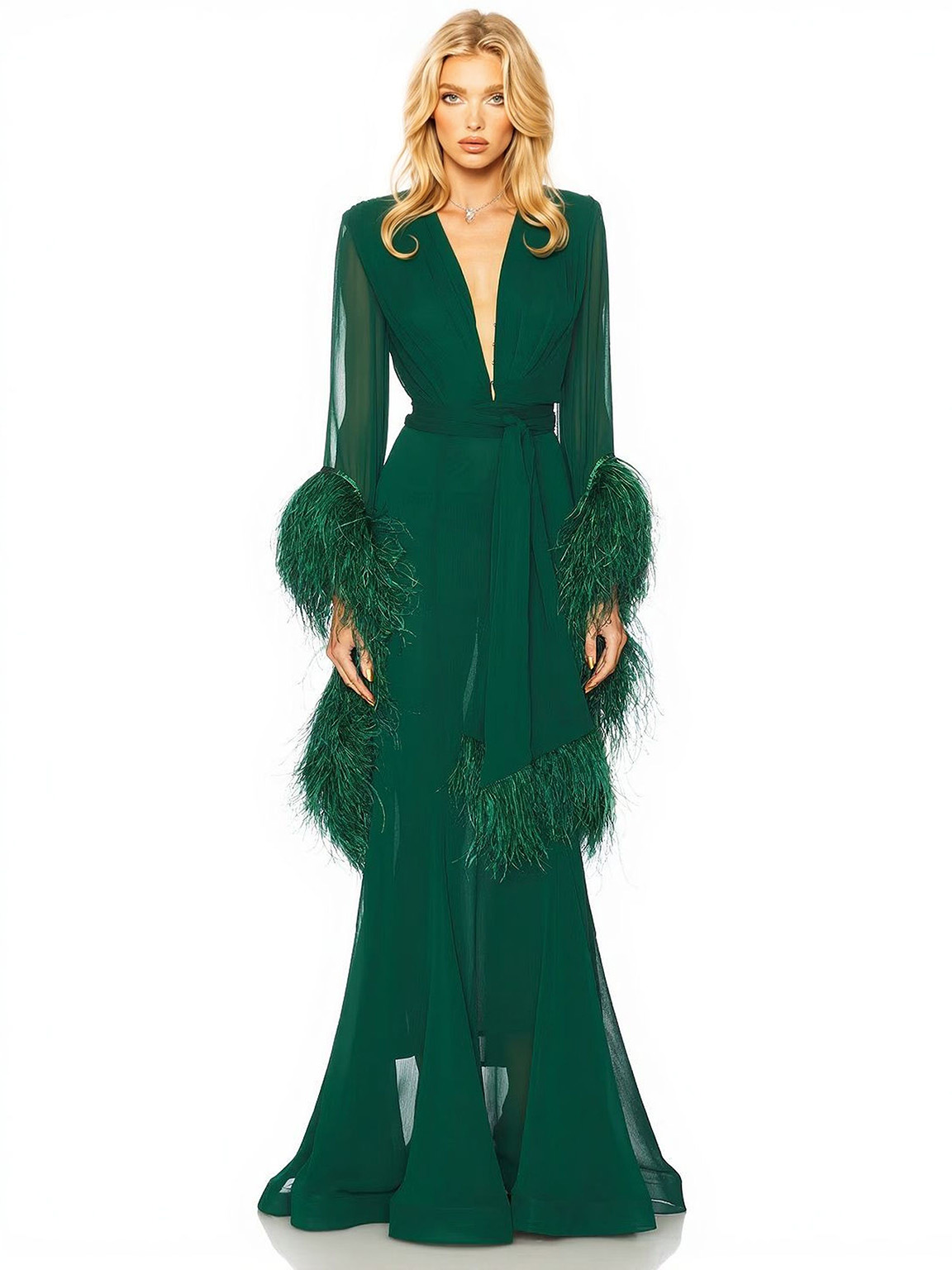 Elegant V-Neck Feather Cuff Chiffon Flowing Party Maxi Dress