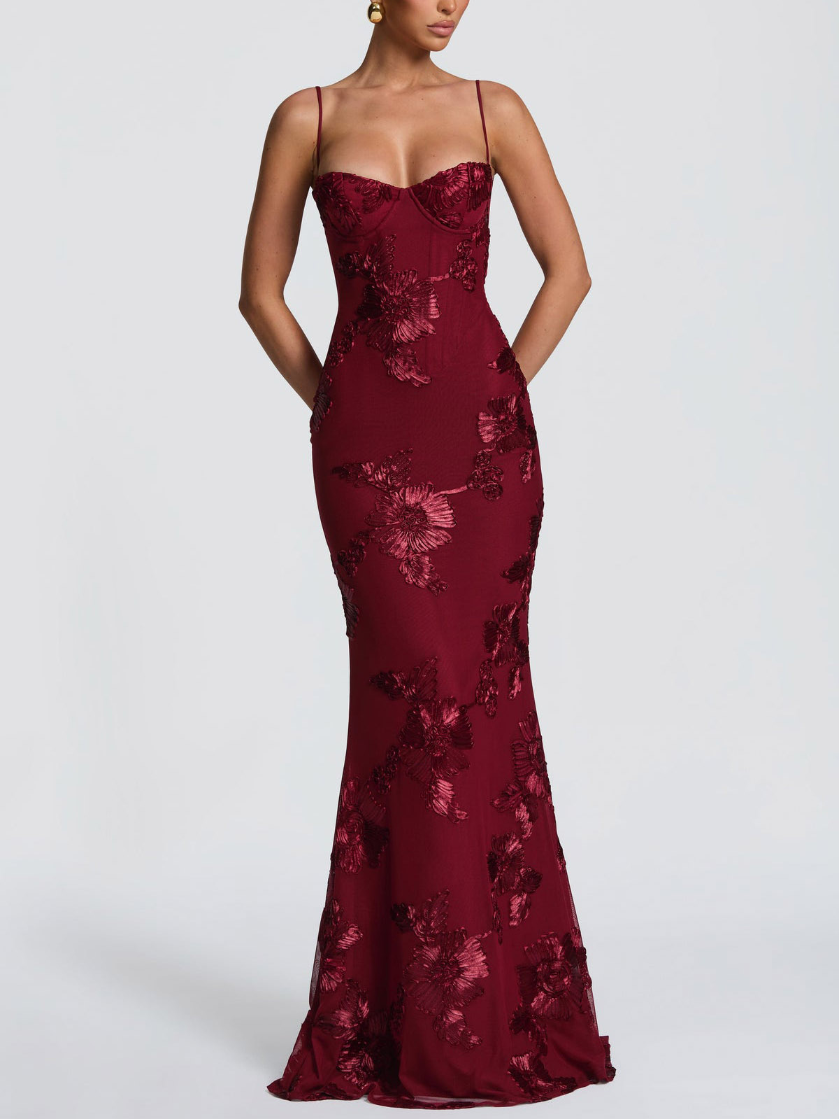 Elegant Floral Embroidered Spaghetti Strap Mermaid Maxi Dress