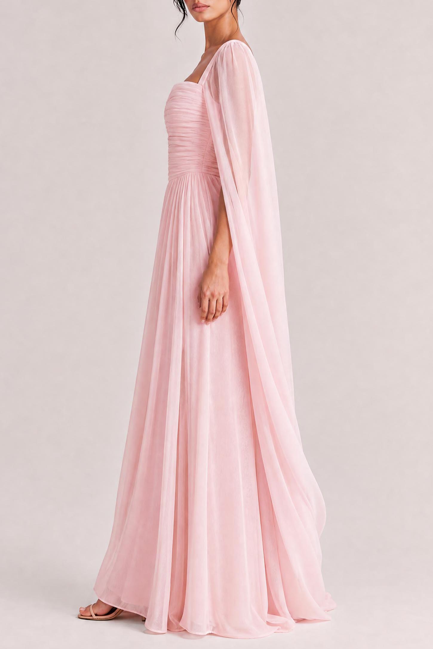 Elegant Cape Sleeve Pleated Chiffon Maxi Dress