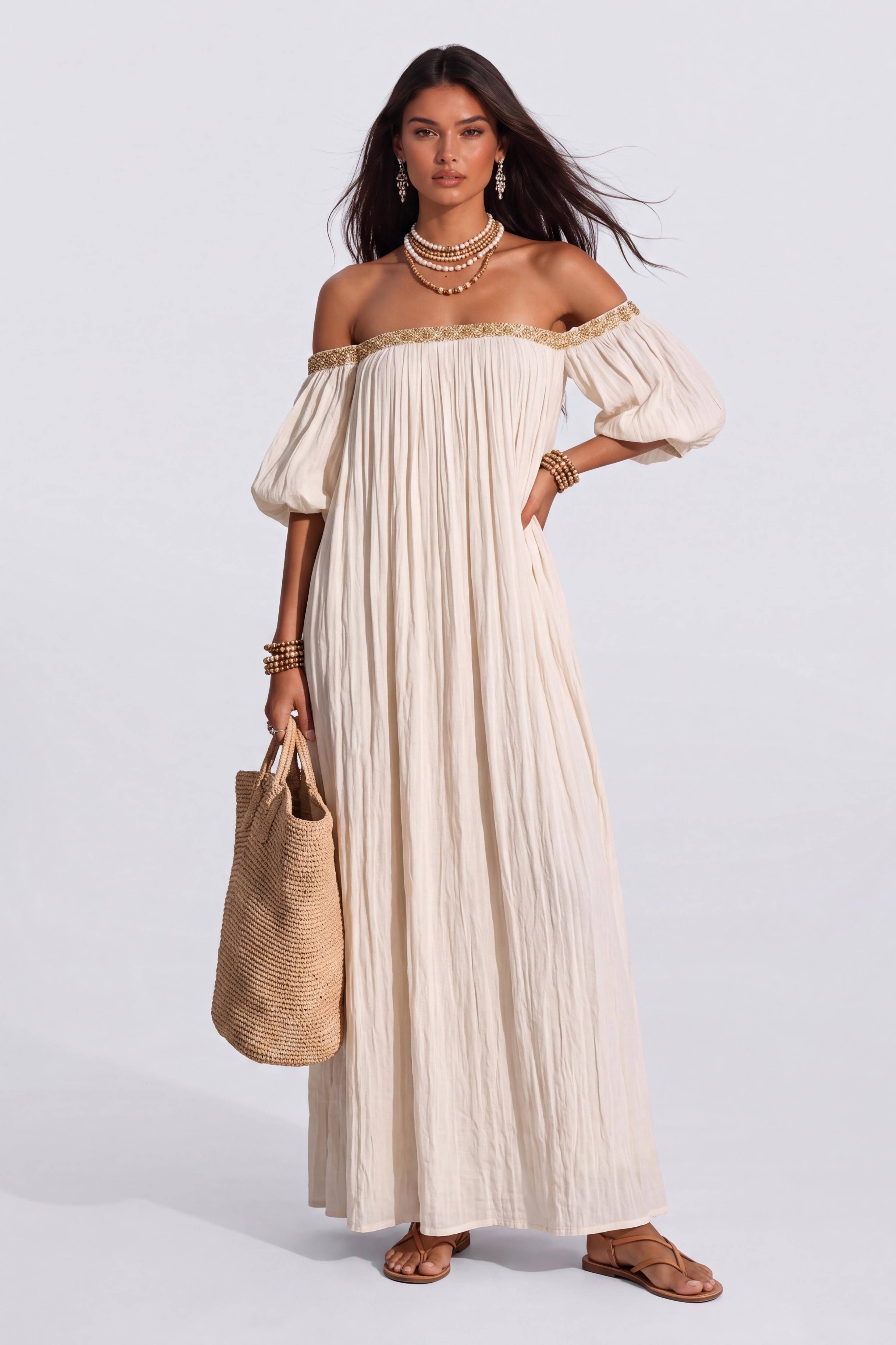Bohemian Shoulder Loose Long Dress Lace Bubble Sleeve Split Elegant Vacation Dress