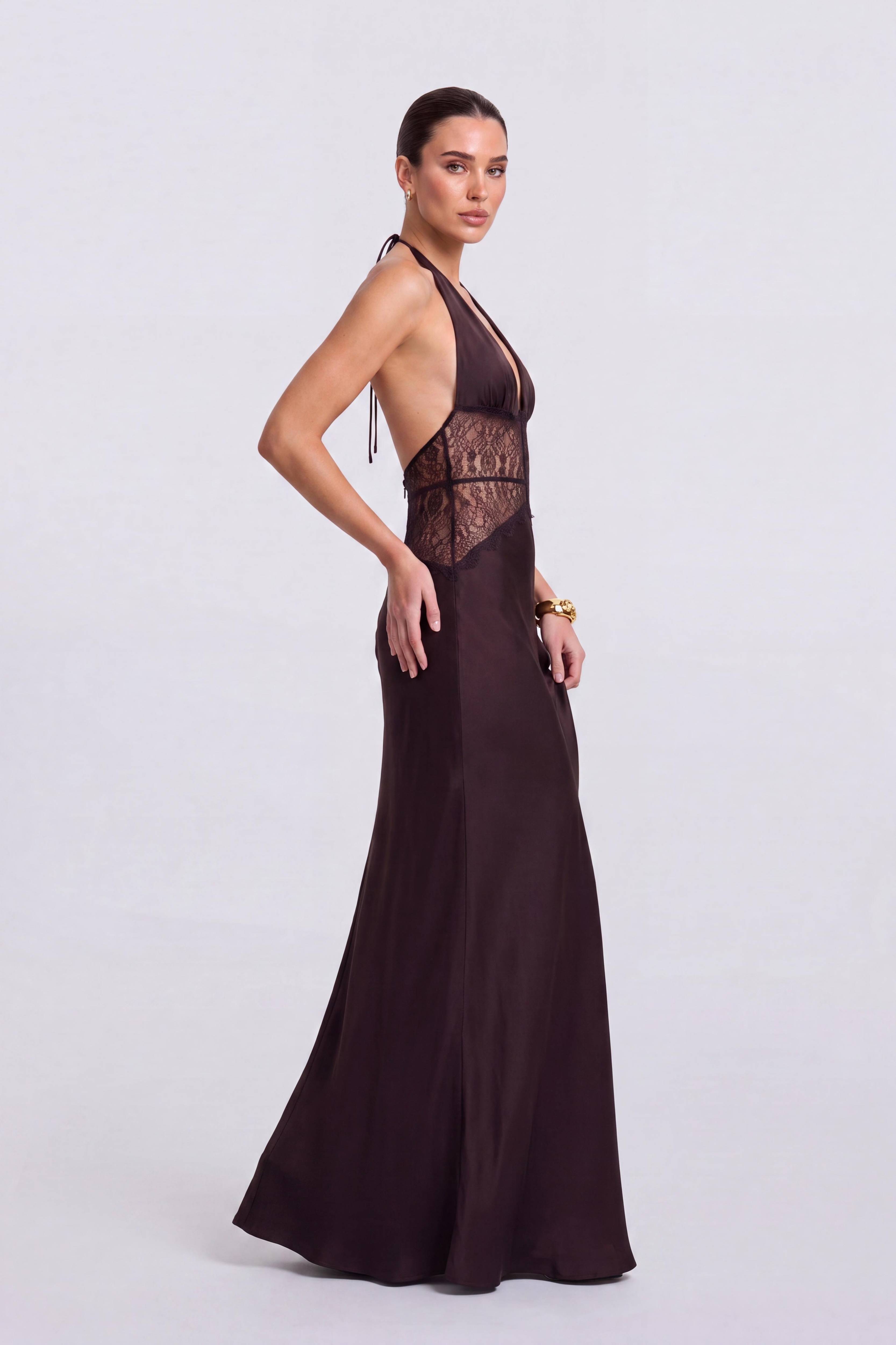 Lace Cut-Out Backless Neck Satin Long Dress