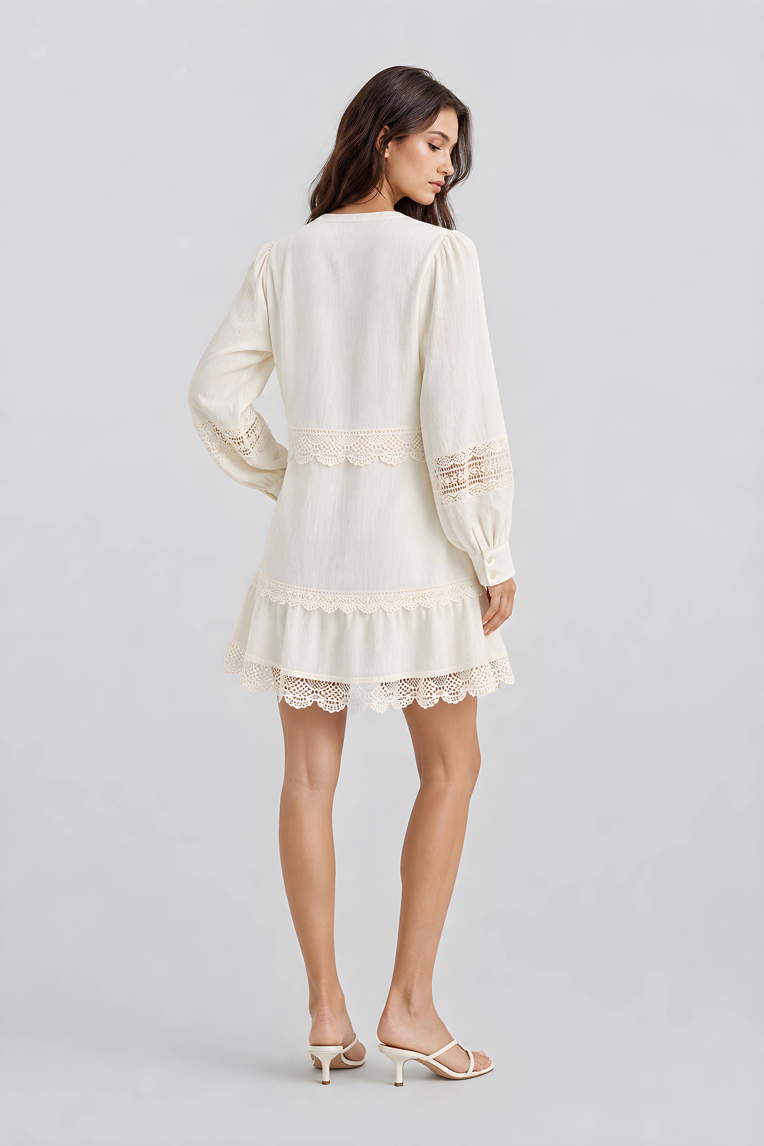 Bohemian Hollow Lace Skirt Long Sleeve V-Neck Casual Shirt Blouse