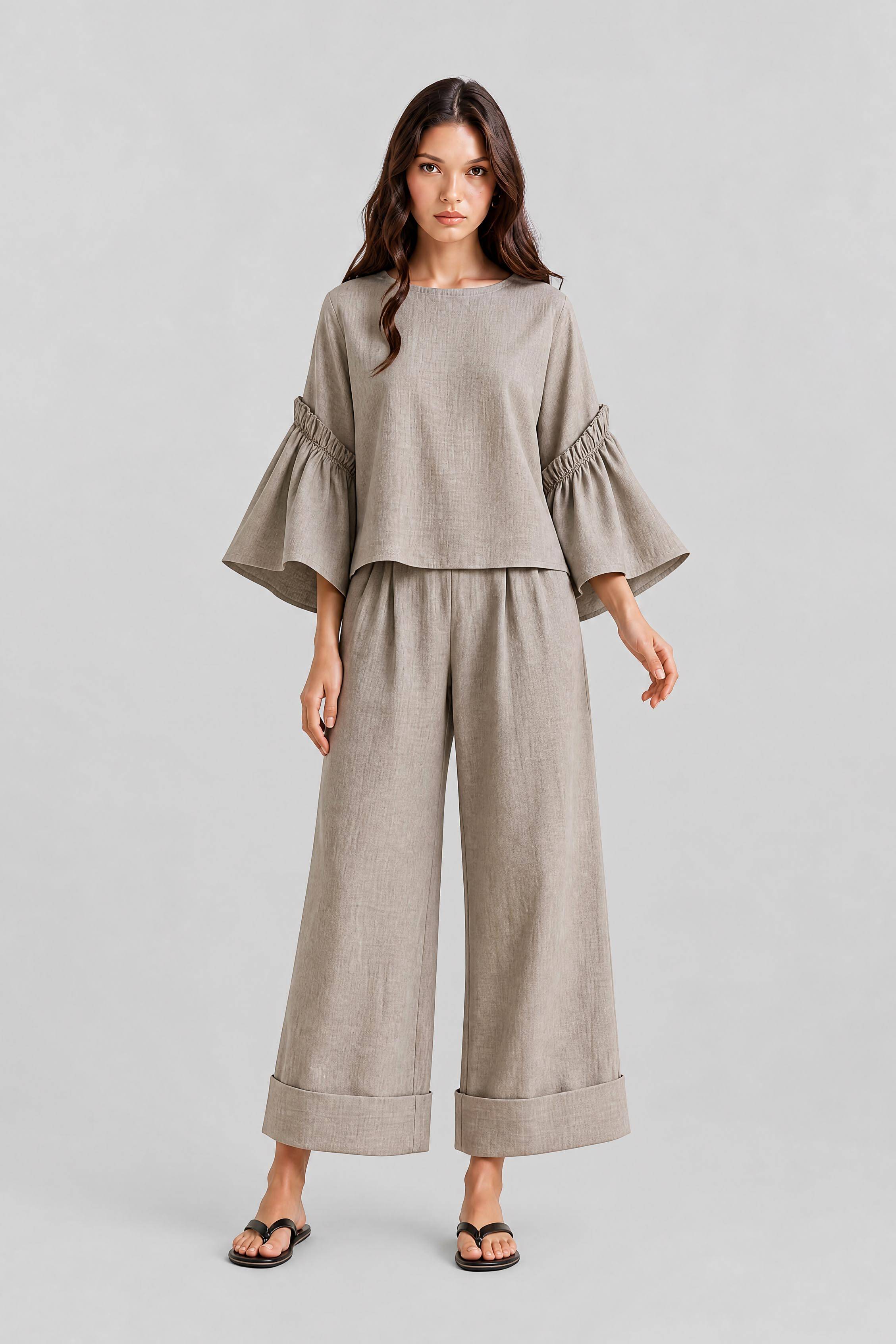 Holiday Casual Loose Bell Sleeve Top With Cropped Pants Set