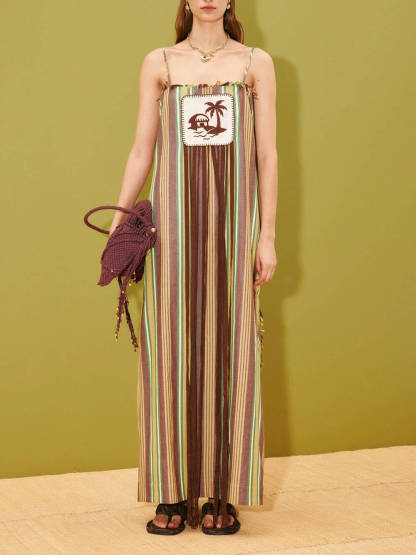 Retro Striped Palm Tree Print Spaghetti Strap Slit Maxi Dress