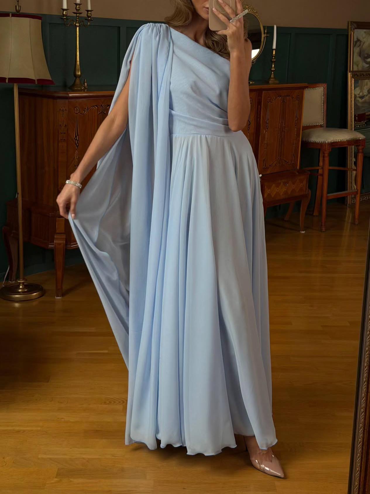 Elegant One-Shoulder Draped Chiffon Maxi Dress