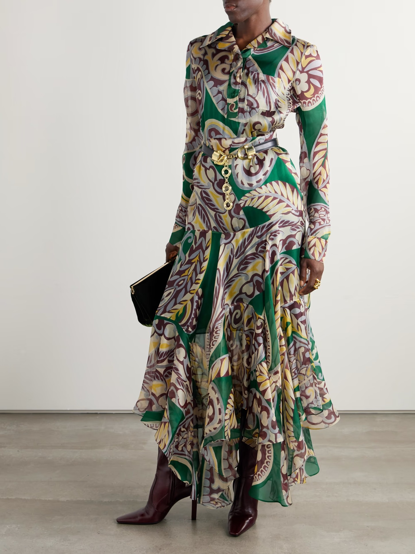 Unique Belted Asymmetrical Paisley Print Maxi Dress