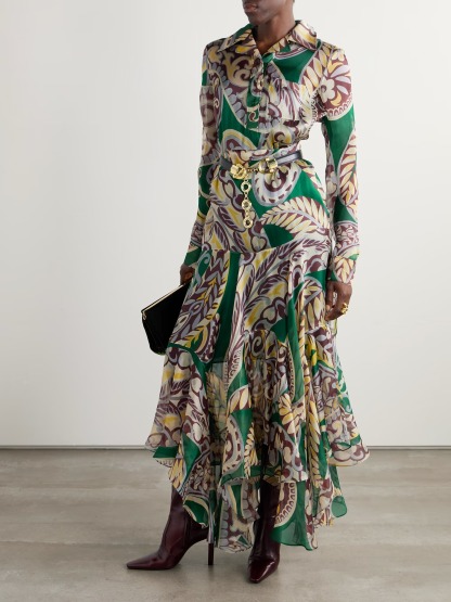 Unique Belted Asymmetrical Paisley Print Maxi Dress