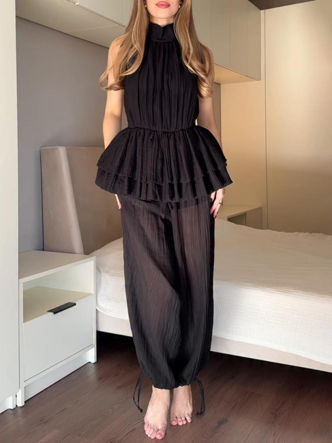 Elegant Ruffled Backless Top & Wide-Leg Pants Two-Piece Set
