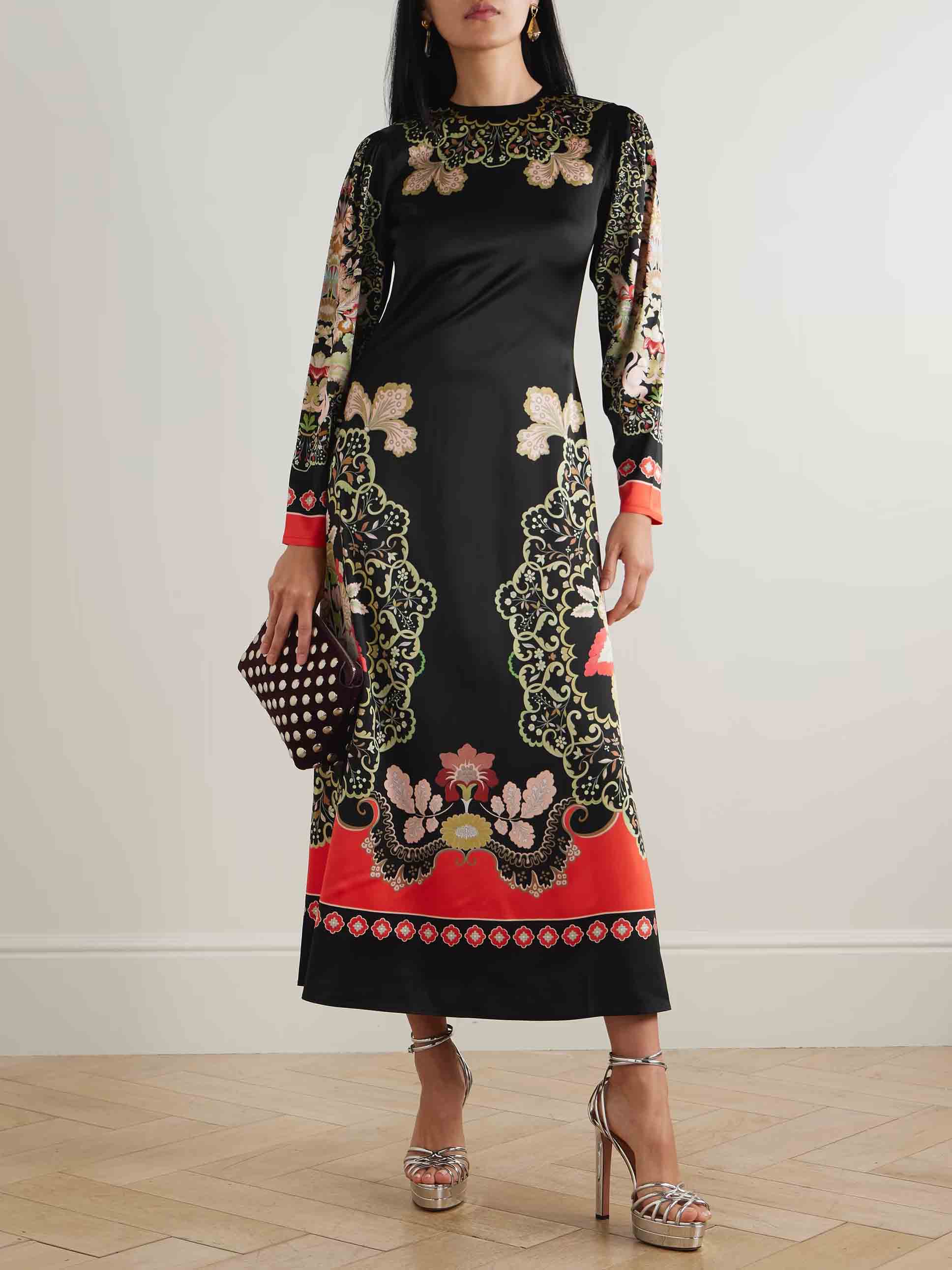 Retro Floral Print Satin Maxi Dress
