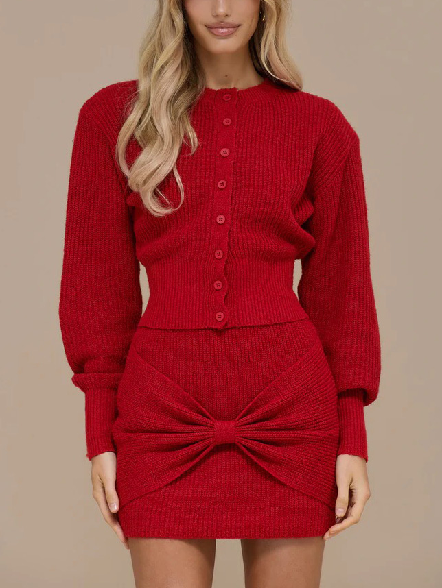 Casual Bow-tie Cardigan Sweater And Skirt Two-piece Set