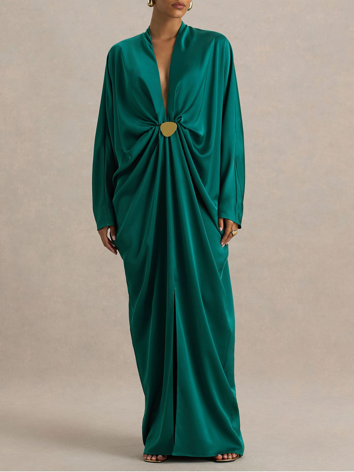 Elegant Satin Batwing Sleeve  Draped Maxi Dress