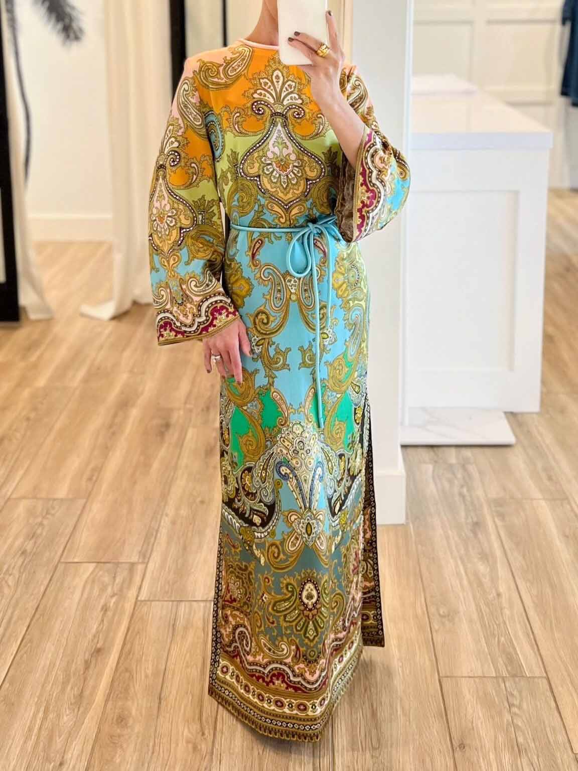 Unique Paisley Print Long Sleeve Maxi Dress