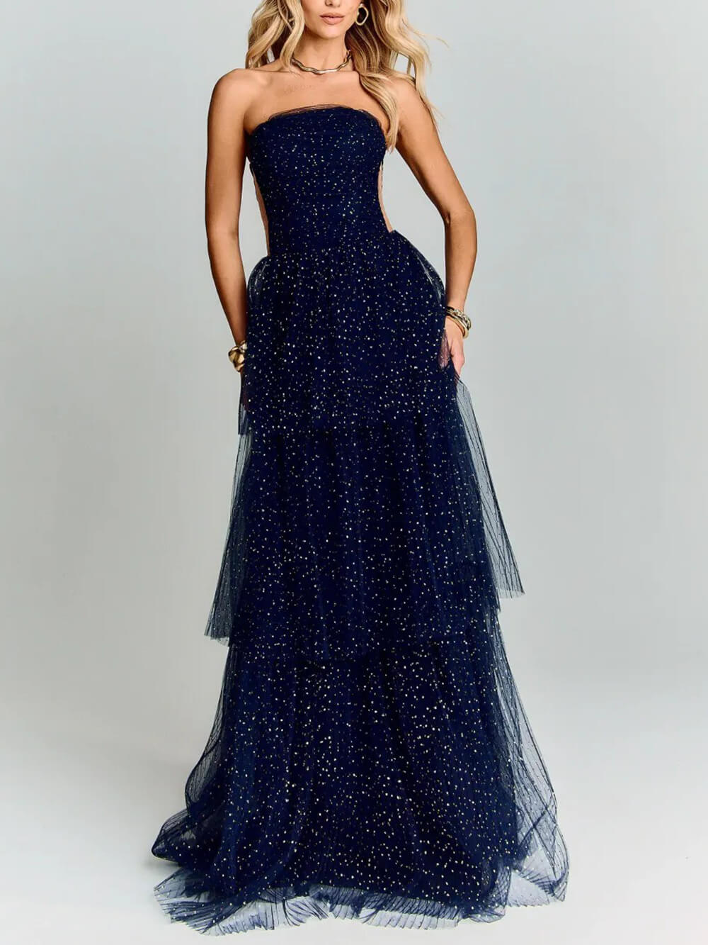 Elegant Navy Blue Polka Dot Layered Tulle Party Maxi Dress