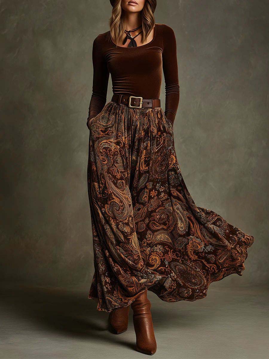 Retro Stretch Velvet Top And Paisley Print Maxi Skirt Set