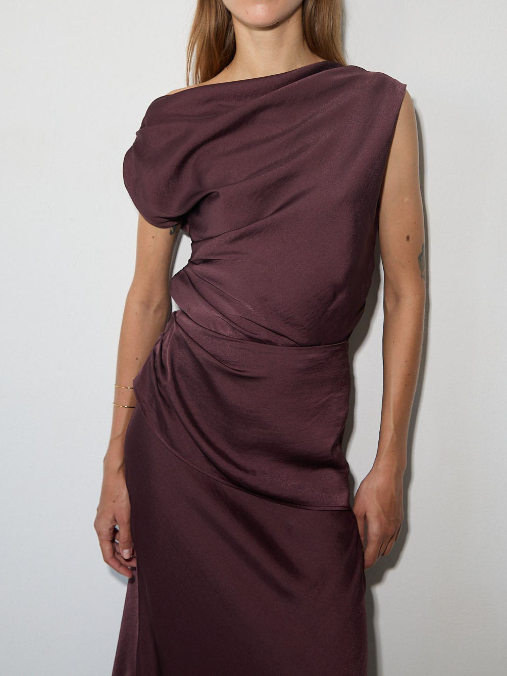 Elegant Asymmetrical Drape Satin Top & Maxi Skirt Two-Piece Set