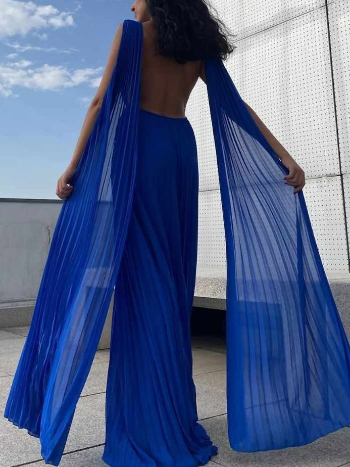 Elegant Open Back Ribbon Pleated Party Maxi Dress