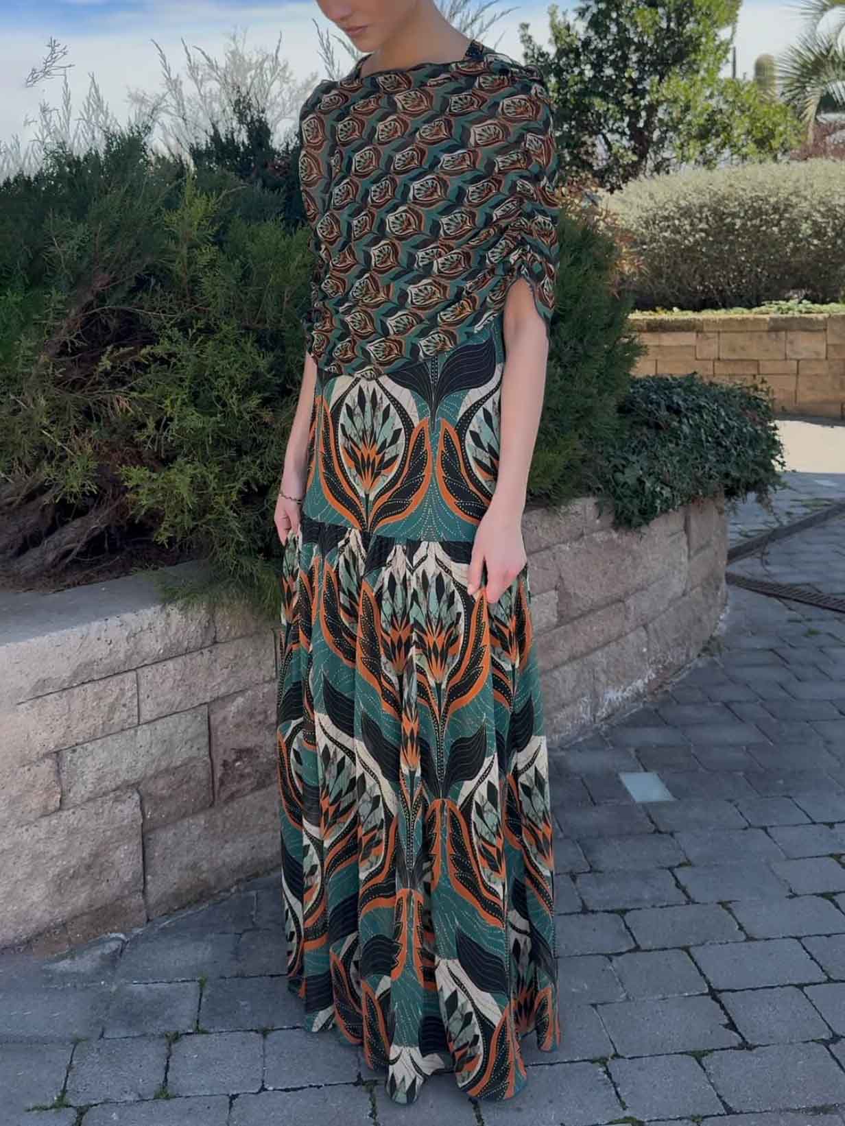 Bohemian Vintage Printed Cape Draped Maxi Dress