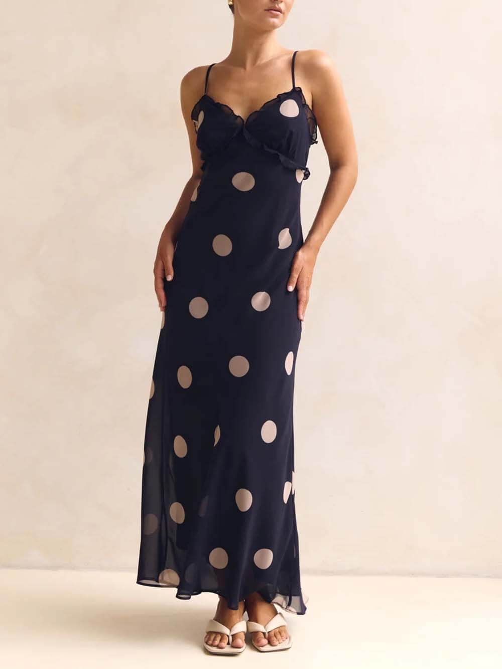 Delicate Lace-Trim Polka Dot Open-Back Maxi Dress