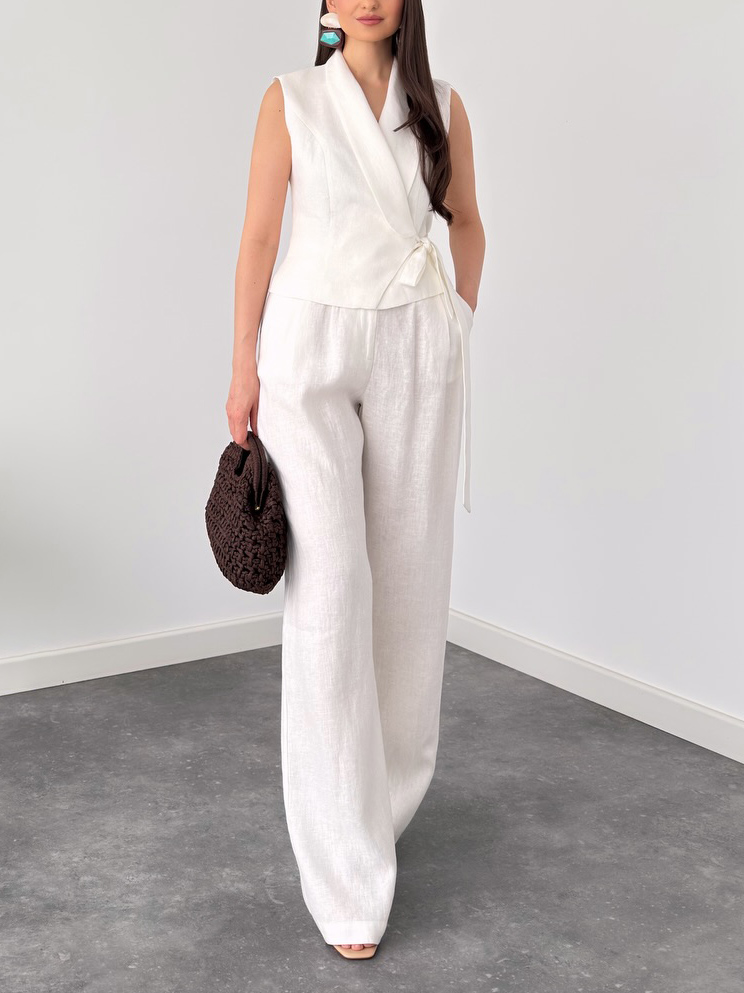 Casual Sleeveless Wrap Vest Top & High-Waist Wide-Leg Pants Two-Piece Set