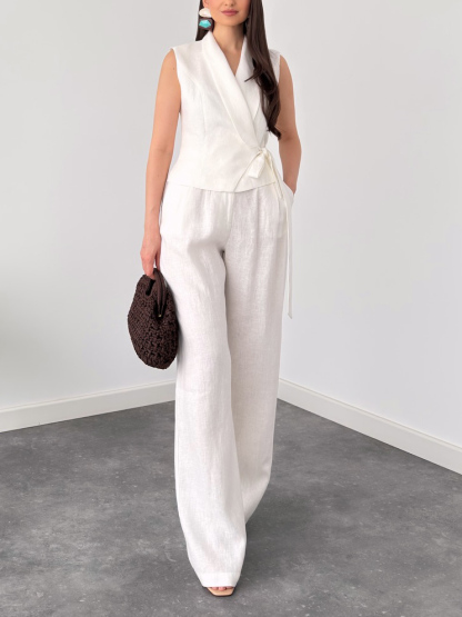 Casual Sleeveless Wrap Vest Top & High-Waist Wide-Leg Pants Two-Piece Set