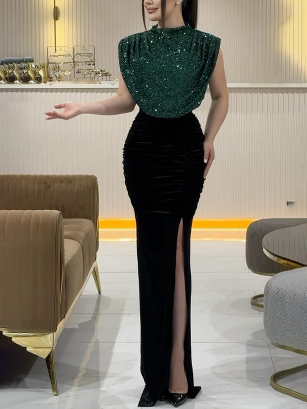 Sequin Panel Sleeveless Party Slit Dress