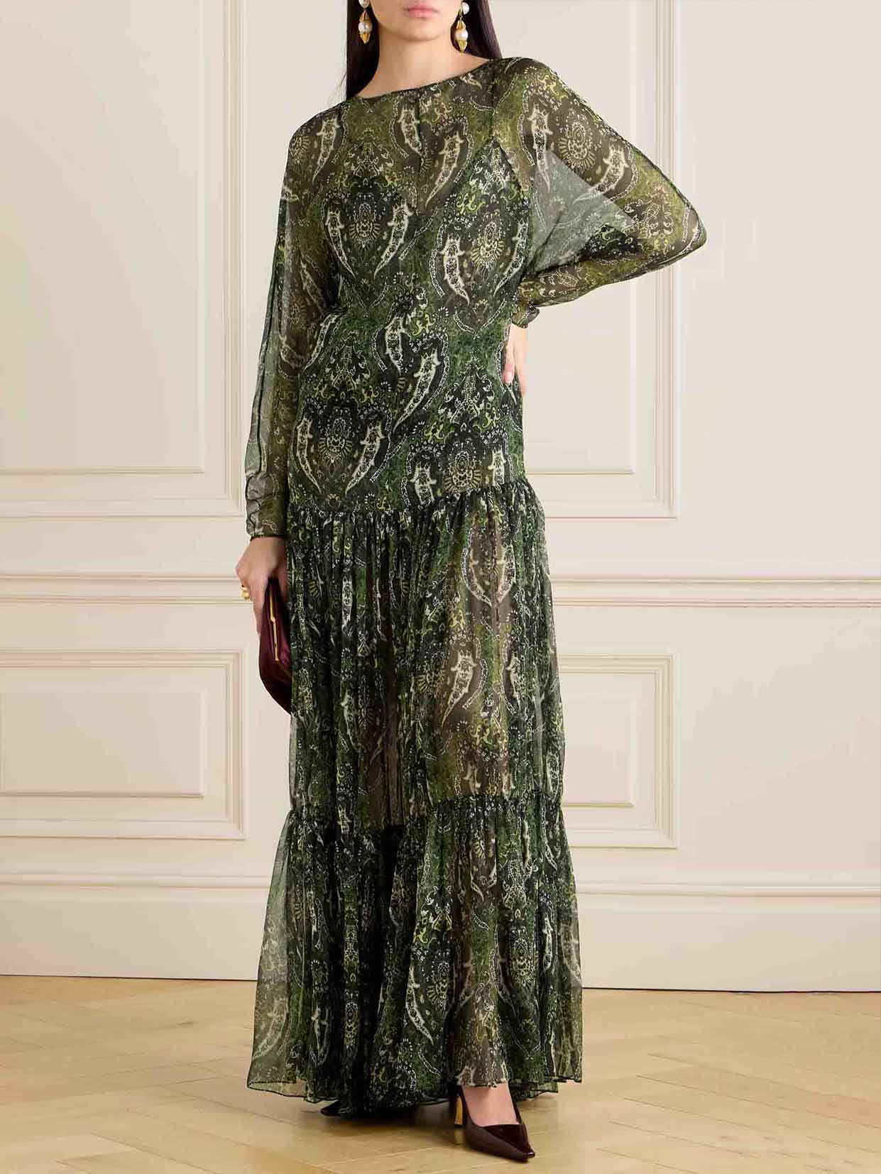 Retro Paisley Floral Print Chiffon Flowing Maxi Dress