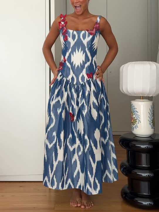 Elegant Ikat Print Sleeveless Butterfly Embellished Maxi Dress