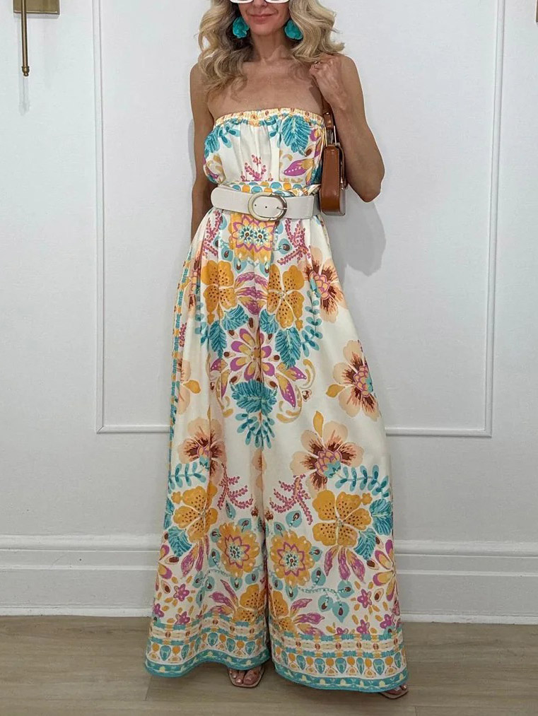 Exquisite Folk Style Printed Wrap Collar Jumpsuit
