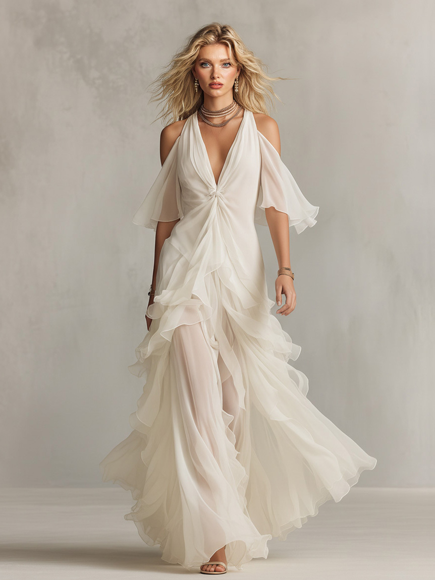 Elegant Knotted Front Layered Ruffle Maxi Dress